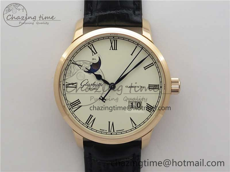 Excellence Panorama Date Moon Phase RG GLF 1:1 Best Edition White Dial on Black Leather Strap A100