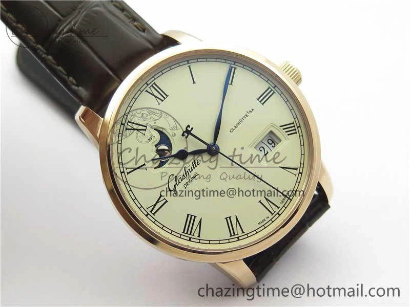 Excellence Panorama Date Moon Phase RG V9F White Dial on Brown Leather Strap A100