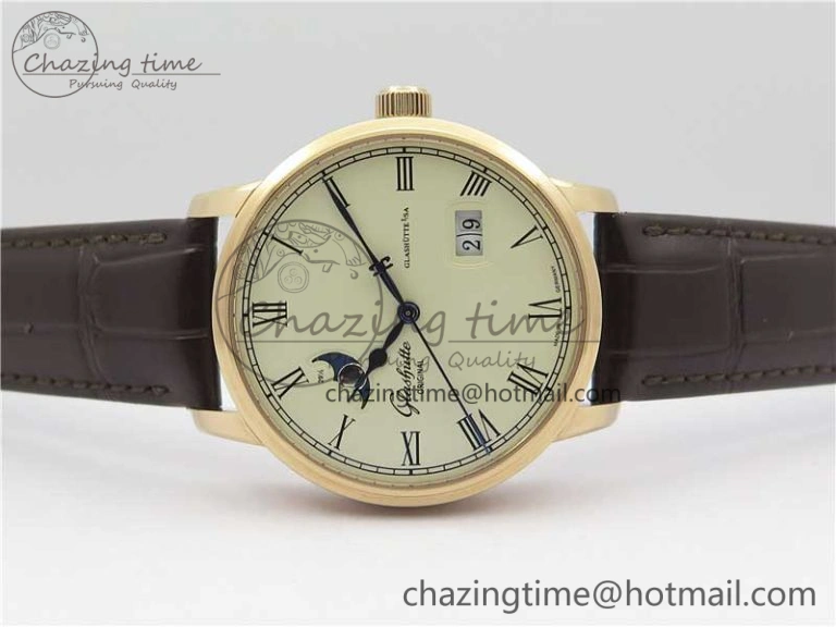 Excellence Panorama Date Moon Phase RG V9F White Dial on Brown Leather Strap A100