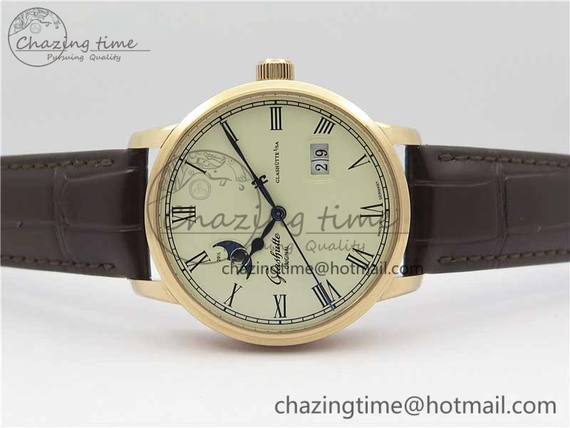 Excellence Panorama Date Moon Phase RG V9F White Dial on Brown Leather Strap A100