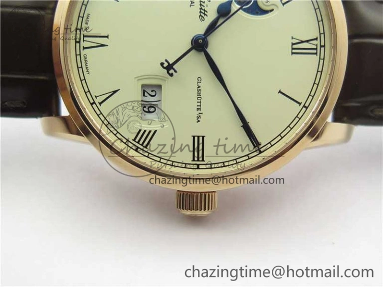 Excellence Panorama Date Moon Phase RG V9F White Dial on Brown Leather Strap A100