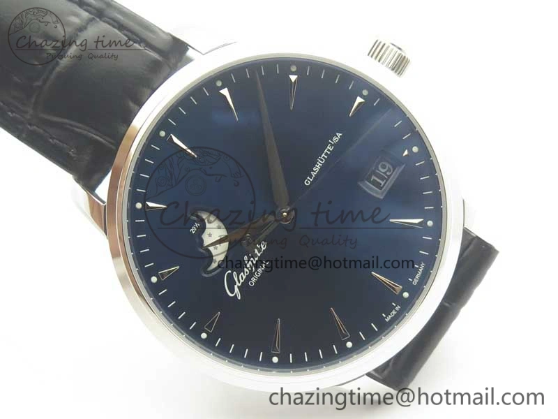 Excellence Panorama Date Moon Phase SS ETC Marker 1:1 Best Edition Blue Dial on Black Leather Strap A100