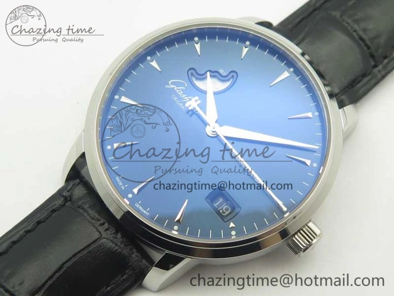 Excellence Panorama Date Moon Phase SS ETC Marker 1:1 Best Edition Blue Dial on Black Leather Strap A100