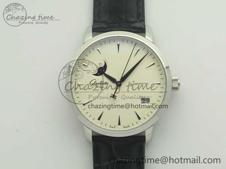 Excellence Panorama Date Moon Phase SS ETC Marker 1:1 Best Edition White Dial on Black Leather Strap A100
