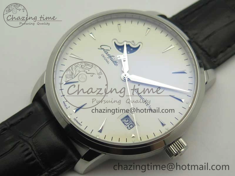 Excellence Panorama Date Moon Phase SS ETC Marker 1:1 Best Edition White Dial on Black Leather Strap A100