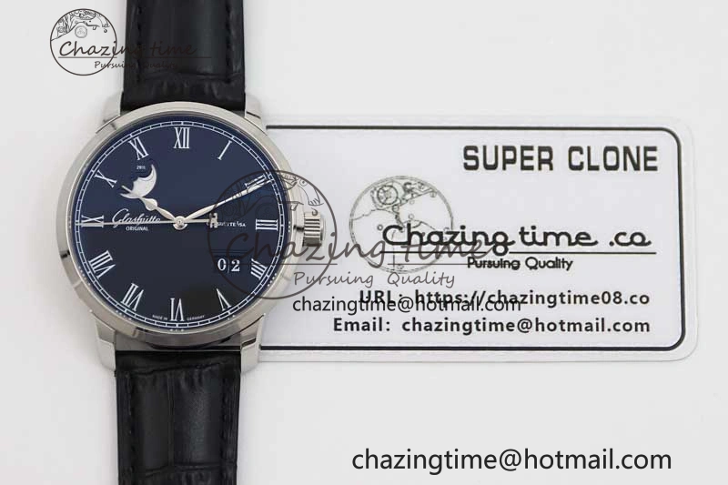 Excellence Panorama Date Moon Phase SS GGR 1:1 Best Edition Black Dial on Leather Strap NH35
