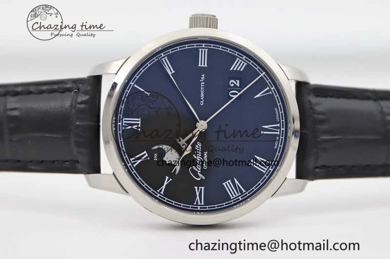 Excellence Panorama Date Moon Phase SS GGR 1:1 Best Edition Black Dial on Leather Strap NH35