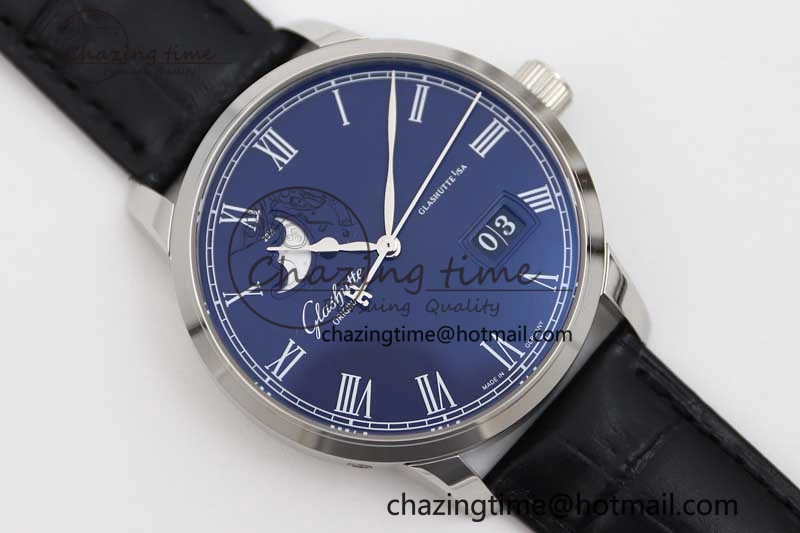 Excellence Panorama Date Moon Phase SS GGR 1:1 Best Edition Blue Dial on Leather Strap NH35