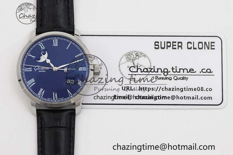 Excellence Panorama Date Moon Phase SS GGR 1:1 Best Edition Blue Dial on Leather Strap NH35