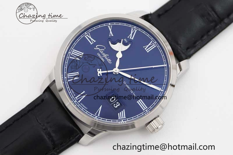 Excellence Panorama Date Moon Phase SS GGR 1:1 Best Edition Blue Dial on Leather Strap NH35