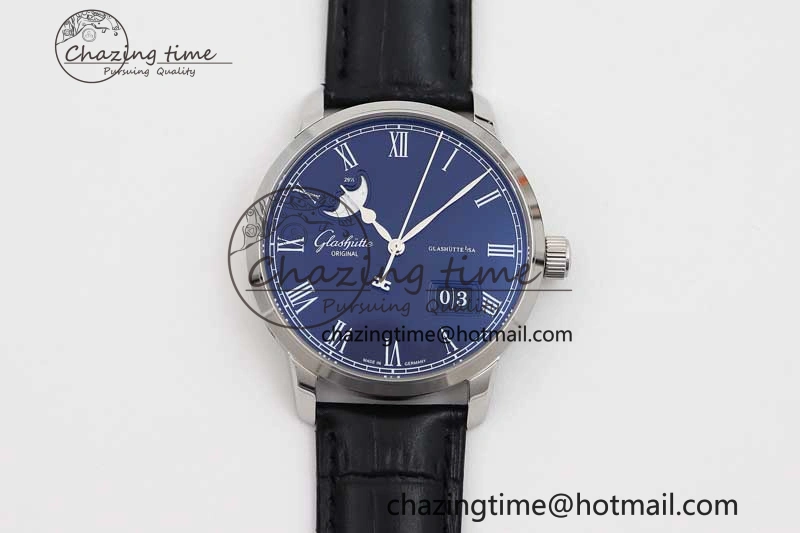 Excellence Panorama Date Moon Phase SS GGR 1:1 Best Edition Blue Dial on Leather Strap NH35