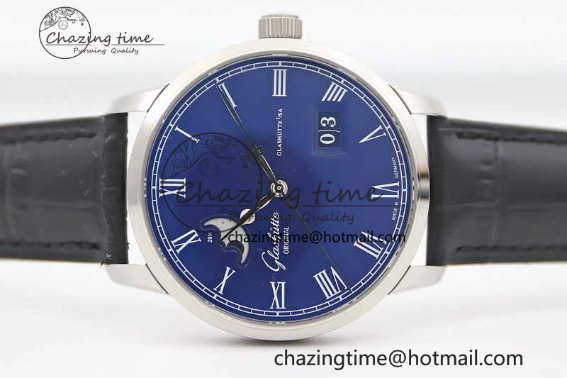 Excellence Panorama Date Moon Phase SS GGR 1:1 Best Edition Blue Dial on Leather Strap NH35