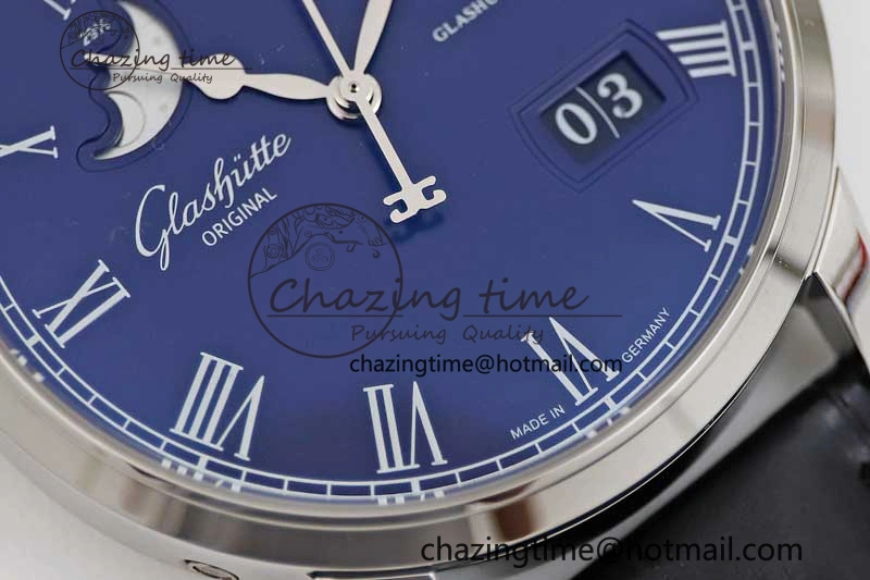 Excellence Panorama Date Moon Phase SS GGR 1:1 Best Edition Blue Dial on Leather Strap NH35