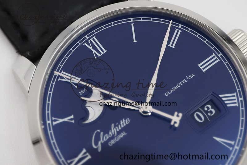 Excellence Panorama Date Moon Phase SS GGR 1:1 Best Edition Blue Dial on Leather Strap NH35