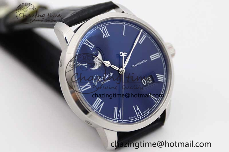 Excellence Panorama Date Moon Phase SS GGR 1:1 Best Edition Blue Dial on Leather Strap NH35