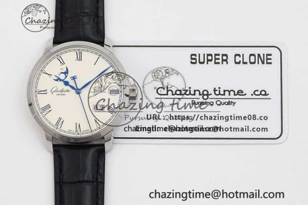 Excellence Panorama Date Moon Phase SS GGR 1:1 Best Edition White Dial on Leather Strap NH35