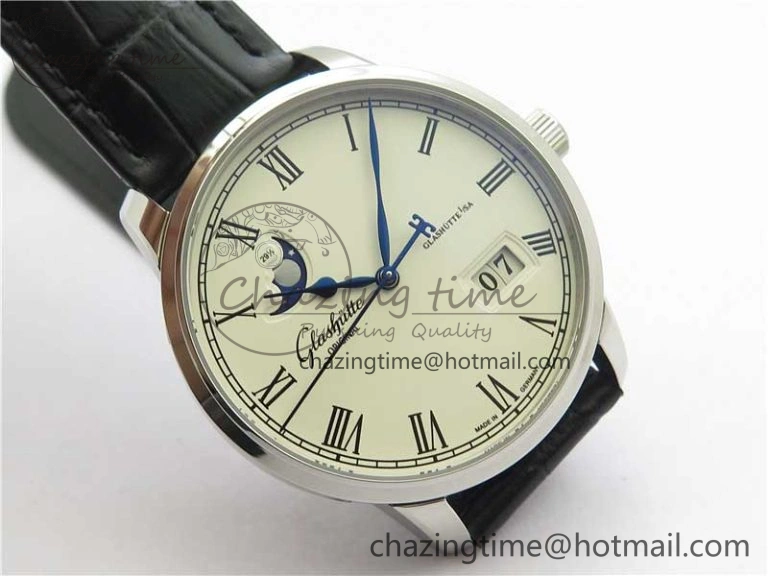 Excellence Panorama Date Moon Phase SS GLF 1:1 Best Edition White Dial on Black Leather Strap A100
