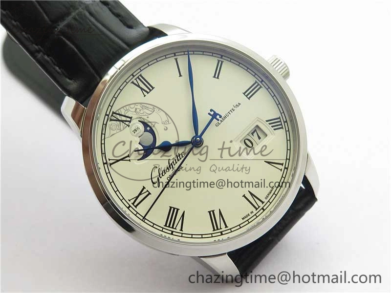 Excellence Panorama Date Moon Phase SS GLF 1:1 Best Edition White Dial on Black Leather Strap A100