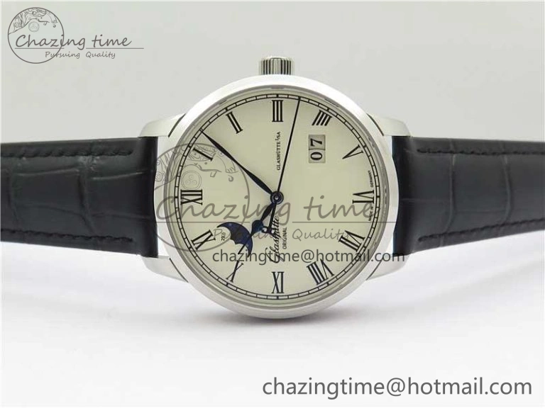 Excellence Panorama Date Moon Phase SS GLF 1:1 Best Edition White Dial on Black Leather Strap A100