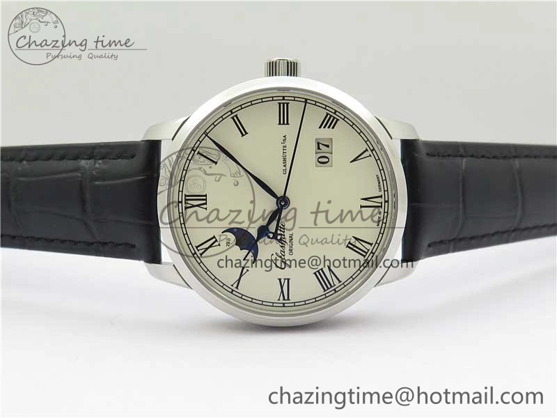 Excellence Panorama Date Moon Phase SS GLF 1:1 Best Edition White Dial on Black Leather Strap A100
