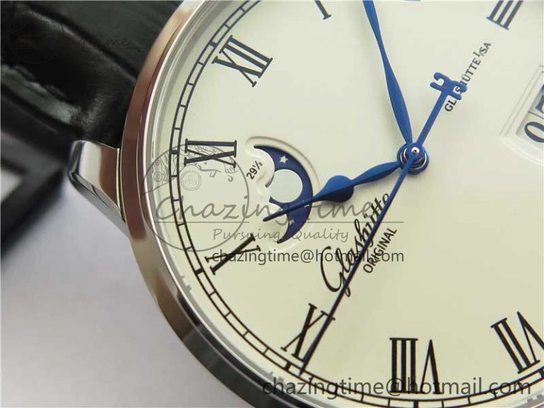 Excellence Panorama Date Moon Phase SS GLF 1:1 Best Edition White Dial on Black Leather Strap A100