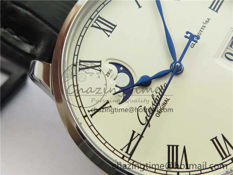 Excellence Panorama Date Moon Phase SS GLF 1:1 Best Edition White Dial on Black Leather Strap A100