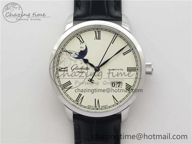 Excellence Panorama Date Moon Phase SS GLF 1:1 Best Edition White Dial on Black Leather Strap A100
