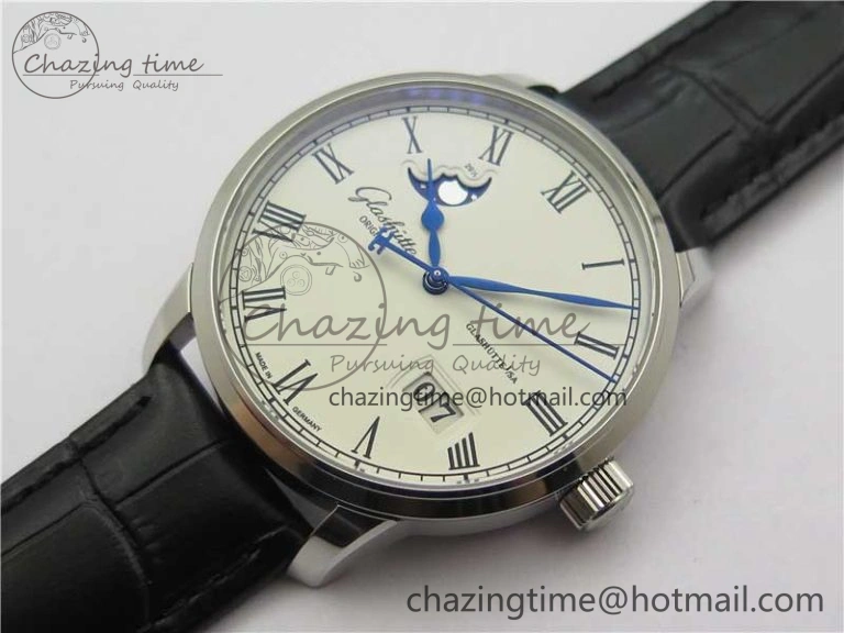 Excellence Panorama Date Moon Phase SS GLF 1:1 Best Edition White Dial on Black Leather Strap A100