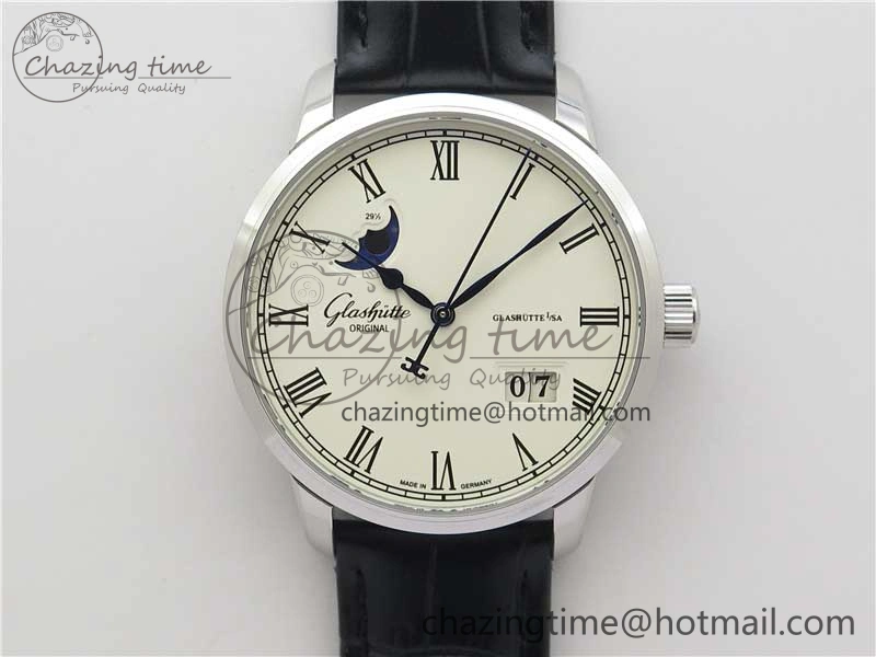 Excellence Panorama Date Moon Phase SS GLF 1:1 Best Edition White Dial on Black Leather Strap A100