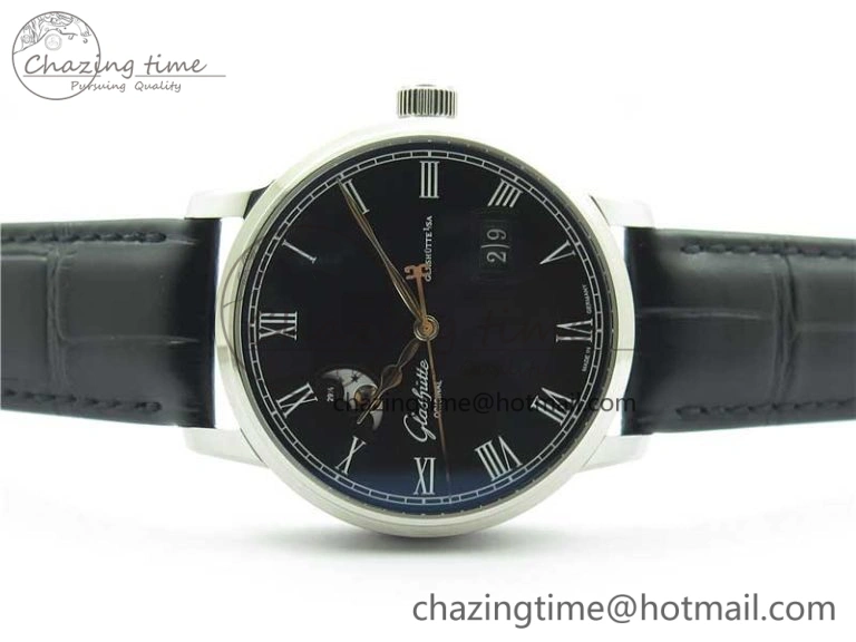 Excellence Panorama Date Moon Phase SS V9F Black Dial on Black Leather Strap A100