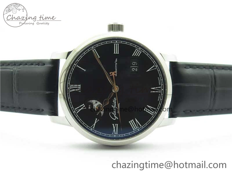 Excellence Panorama Date Moon Phase SS V9F Black Dial on Black Leather Strap A100