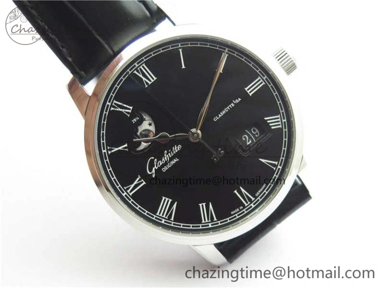 Excellence Panorama Date Moon Phase SS V9F Black Dial on Black Leather Strap A100