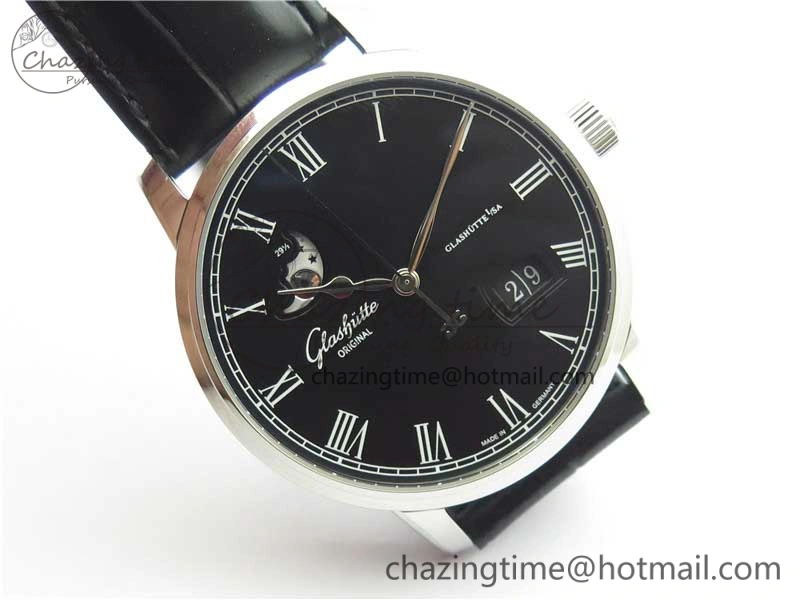 Excellence Panorama Date Moon Phase SS V9F Black Dial on Black Leather Strap A100