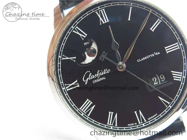 Excellence Panorama Date Moon Phase SS V9F Black Dial on Black Leather Strap A100