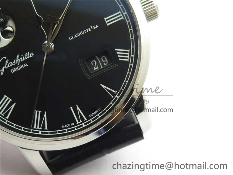Excellence Panorama Date Moon Phase SS V9F Black Dial on Black Leather Strap A100