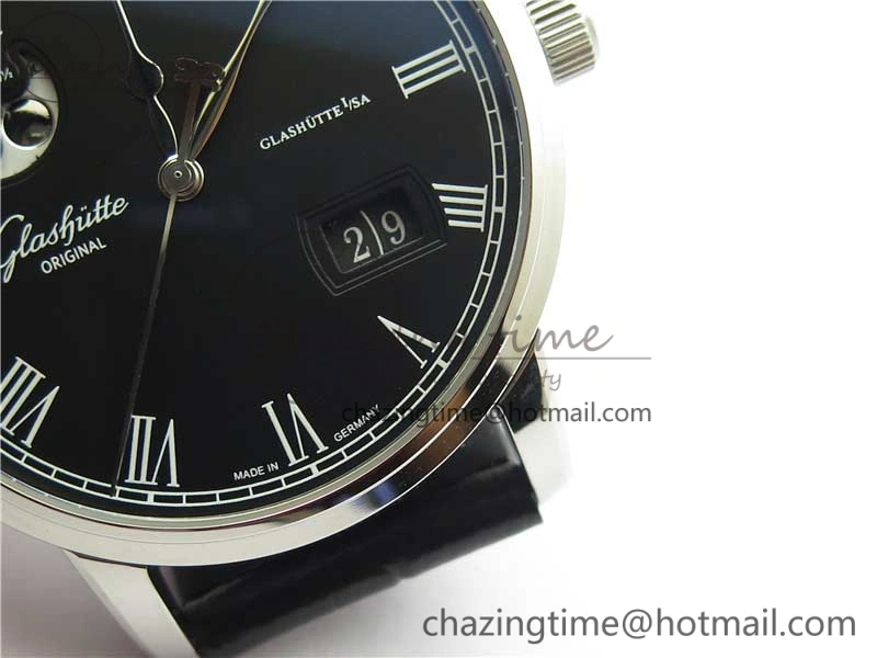 Excellence Panorama Date Moon Phase SS V9F Black Dial on Black Leather Strap A100