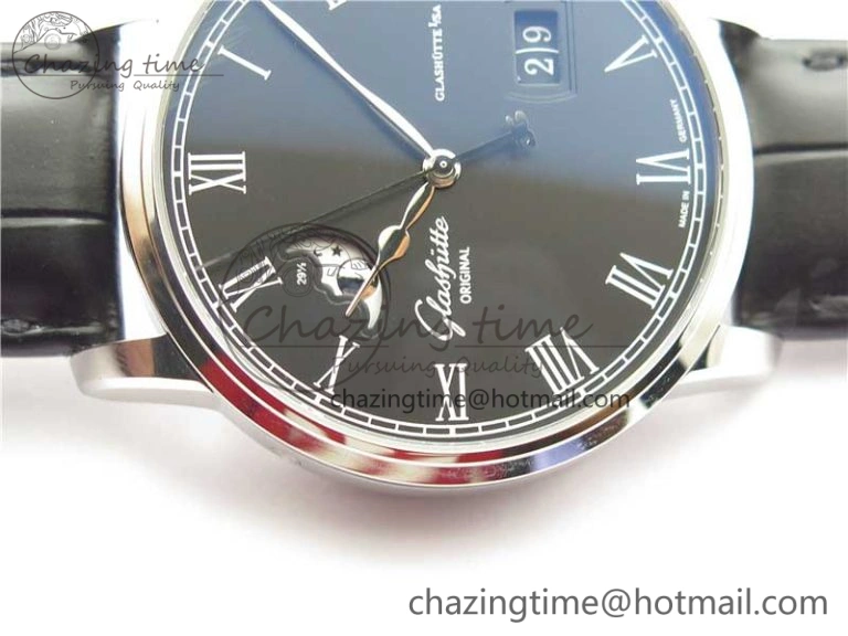 Excellence Panorama Date Moon Phase SS V9F Black Dial on Black Leather Strap A100