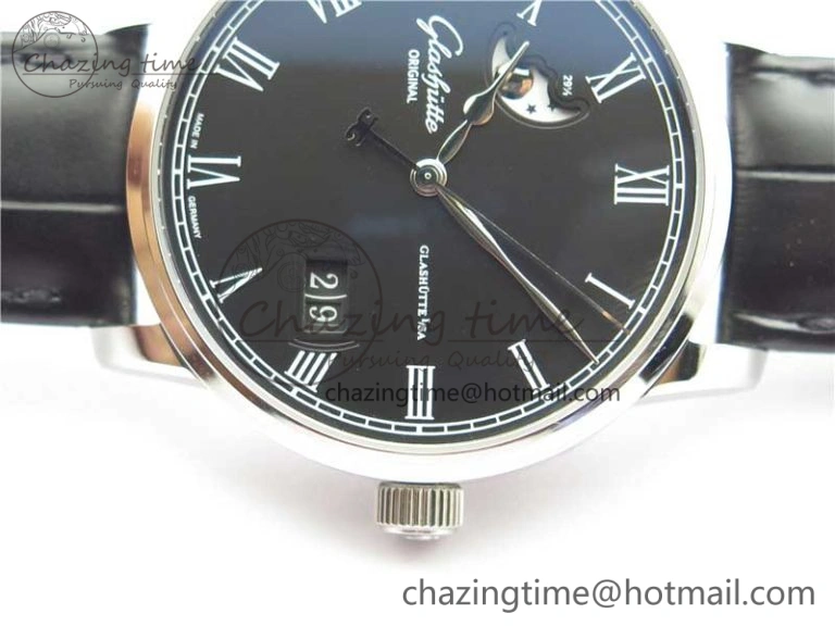 Excellence Panorama Date Moon Phase SS V9F Black Dial on Black Leather Strap A100
