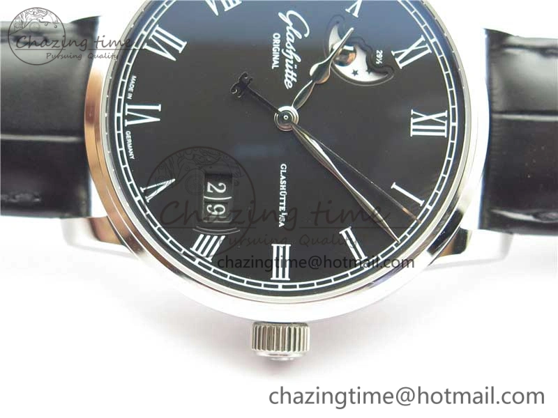 Excellence Panorama Date Moon Phase SS V9F Black Dial on Black Leather Strap A100
