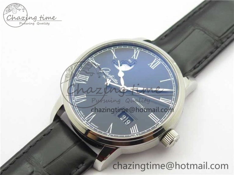 Excellence Panorama Date Moon Phase SS V9F Black Dial on Black Leather Strap A100