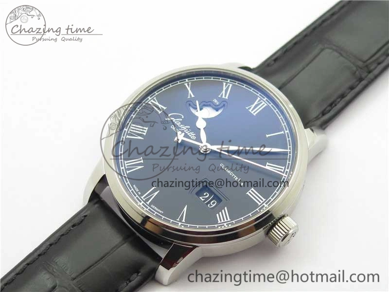 Excellence Panorama Date Moon Phase SS V9F Black Dial on Black Leather Strap A100