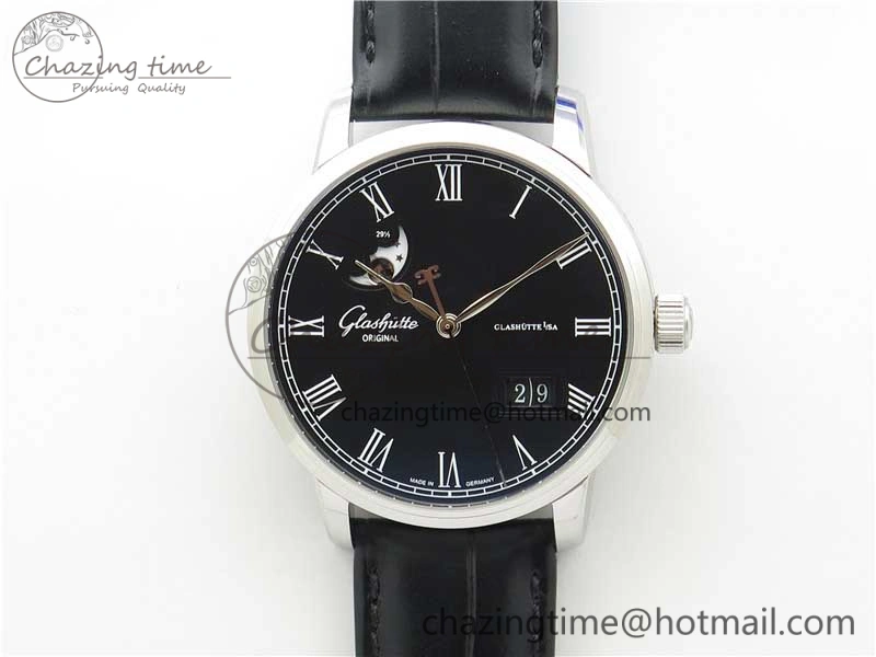 Excellence Panorama Date Moon Phase SS V9F Black Dial on Black Leather Strap A100