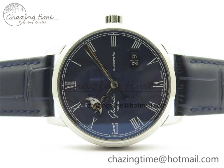 Excellence Panorama Date Moon Phase SS V9F Blue Dial on Blue Leather Strap A100