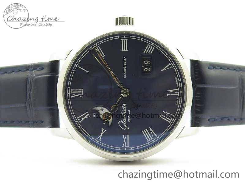 Excellence Panorama Date Moon Phase SS V9F Blue Dial on Blue Leather Strap A100