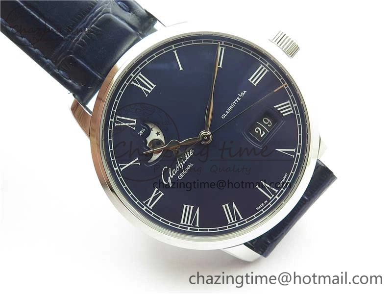 Excellence Panorama Date Moon Phase SS V9F Blue Dial on Blue Leather Strap A100