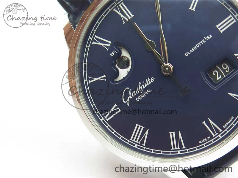 Excellence Panorama Date Moon Phase SS V9F Blue Dial on Blue Leather Strap A100