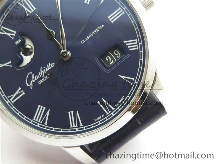 Excellence Panorama Date Moon Phase SS V9F Blue Dial on Blue Leather Strap A100