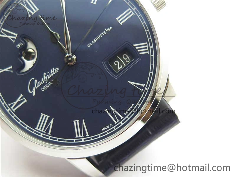 Excellence Panorama Date Moon Phase SS V9F Blue Dial on Blue Leather Strap A100