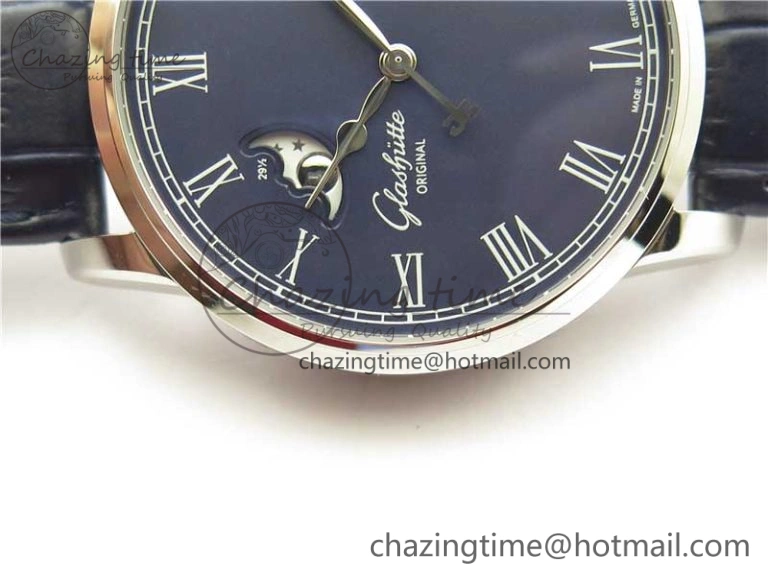 Excellence Panorama Date Moon Phase SS V9F Blue Dial on Blue Leather Strap A100