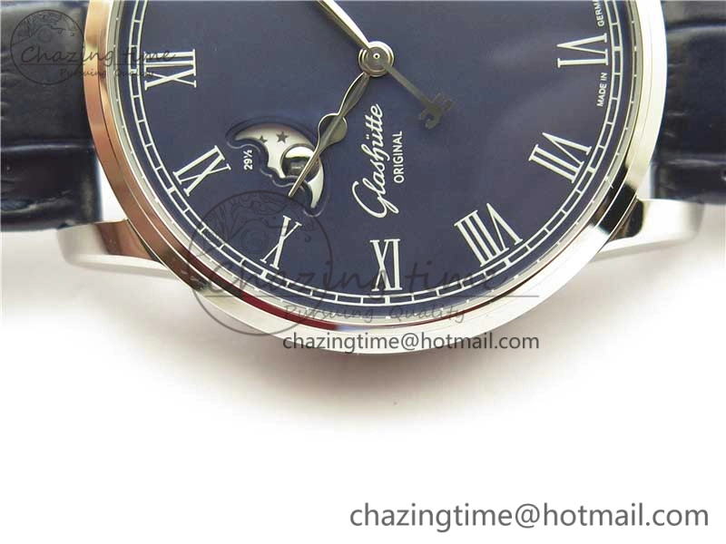 Excellence Panorama Date Moon Phase SS V9F Blue Dial on Blue Leather Strap A100